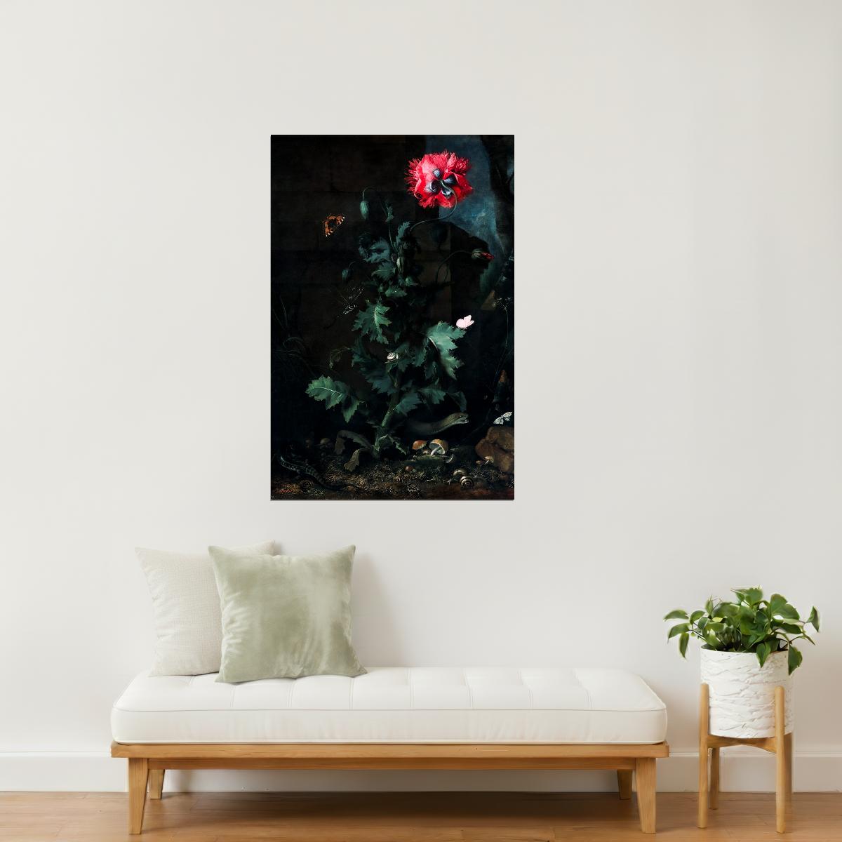 Red Poppy with Butterfly | Dark Floral Art Print Poster