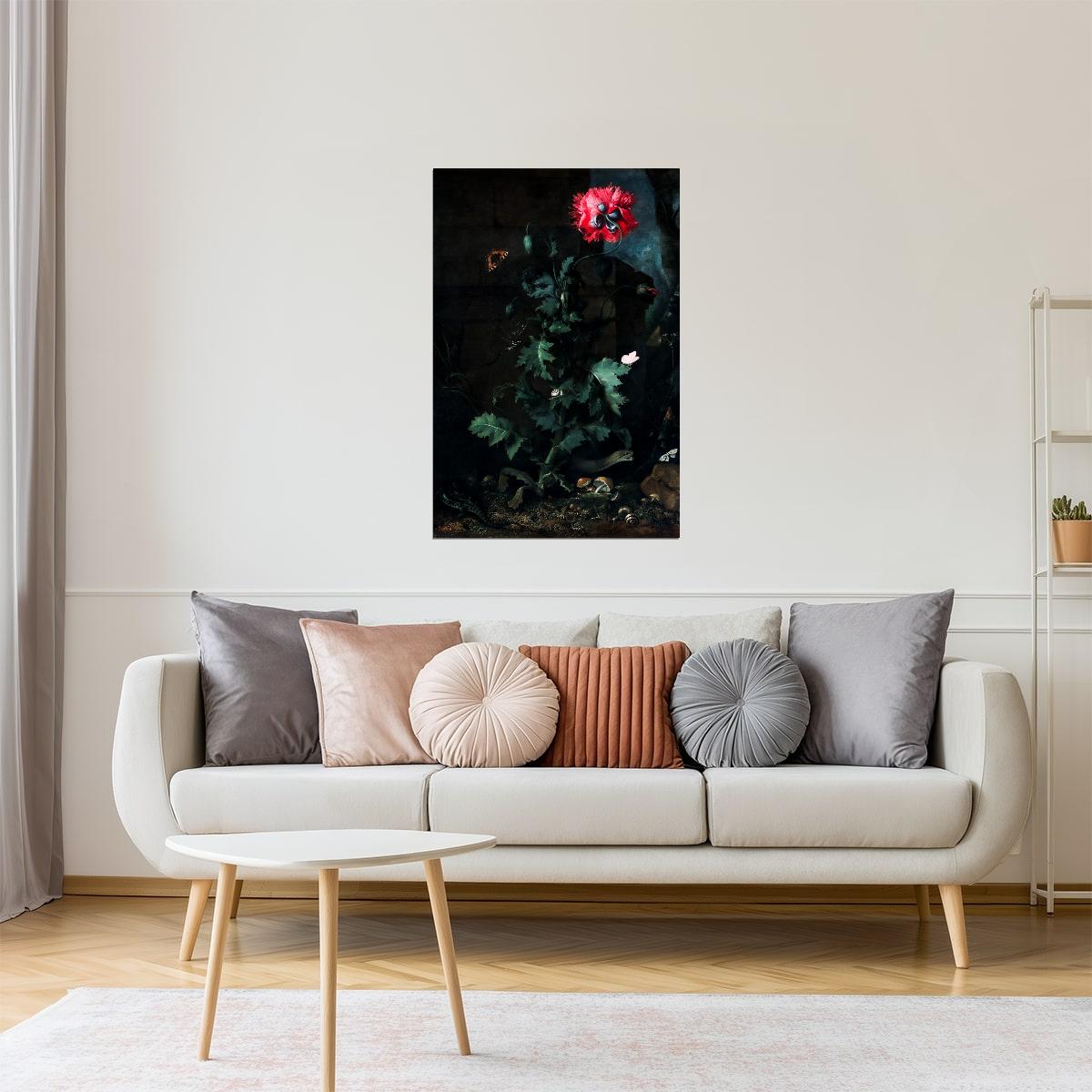Red Poppy with Butterfly | Dark Floral Art Print Poster
