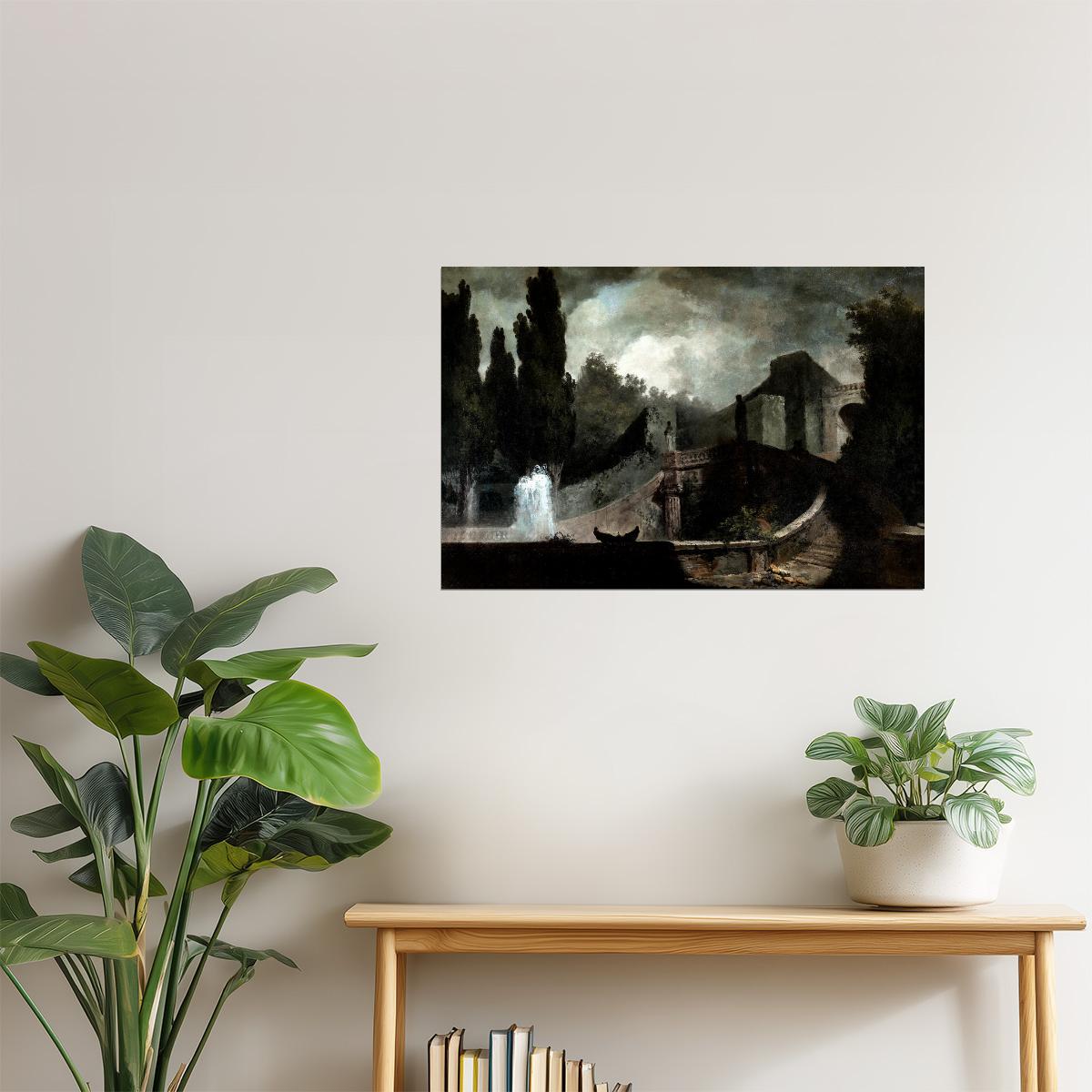 Ancient Ruins with Waterfall | Romantic Landscape Wall Art Poster