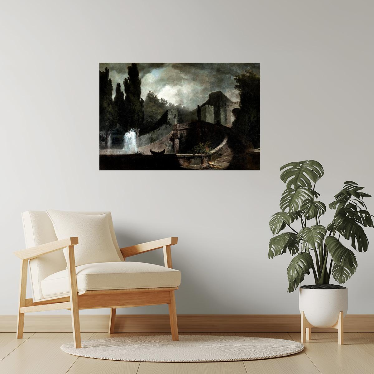 Ancient Ruins with Waterfall | Romantic Landscape Wall Art Poster