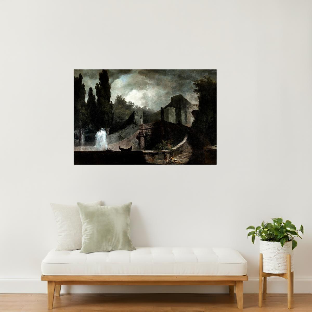 Ancient Ruins with Waterfall | Romantic Landscape Wall Art Poster