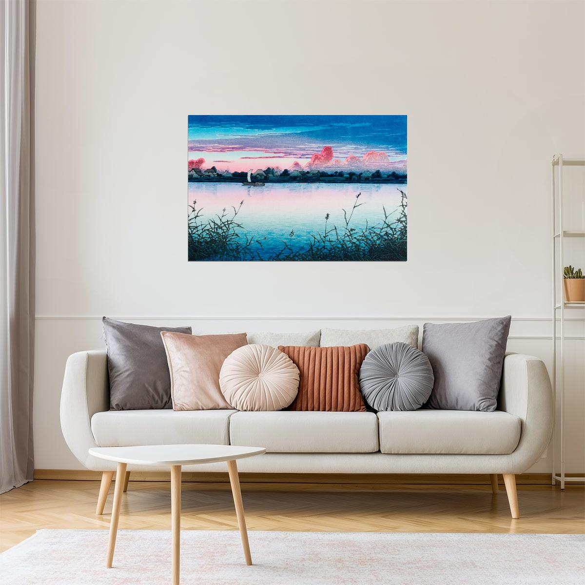 Japanese Sunset Over Lake | Minimalist Landscape Wall Art Poster