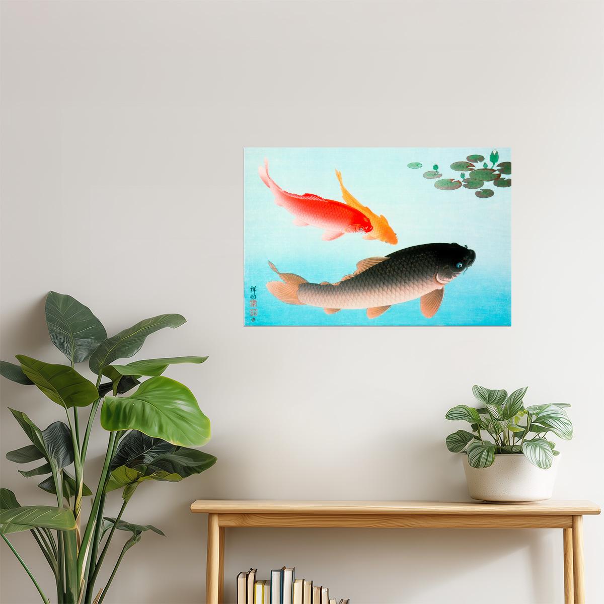 Koi Fish and Water Lilies | Japanese Zen Painting Print Poster