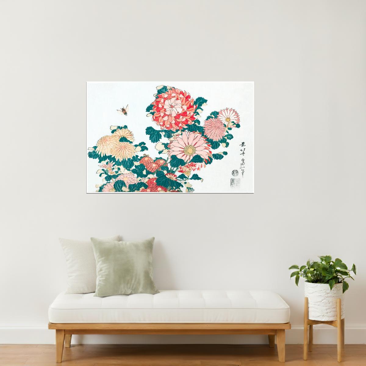 Chrysanthemums with Bee | Vintage Japanese Botanical Print Poster
