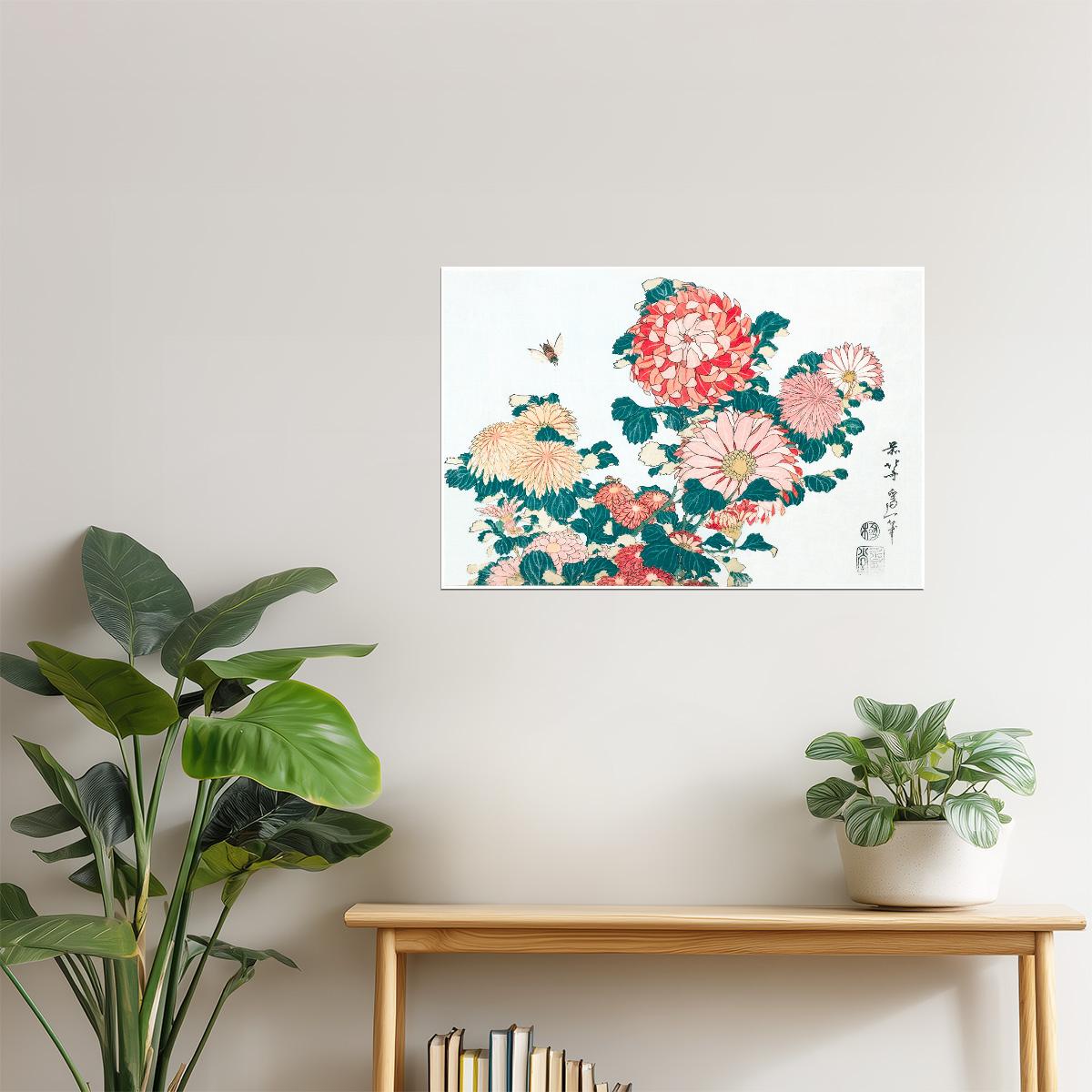 Chrysanthemums with Bee | Vintage Japanese Botanical Print Poster