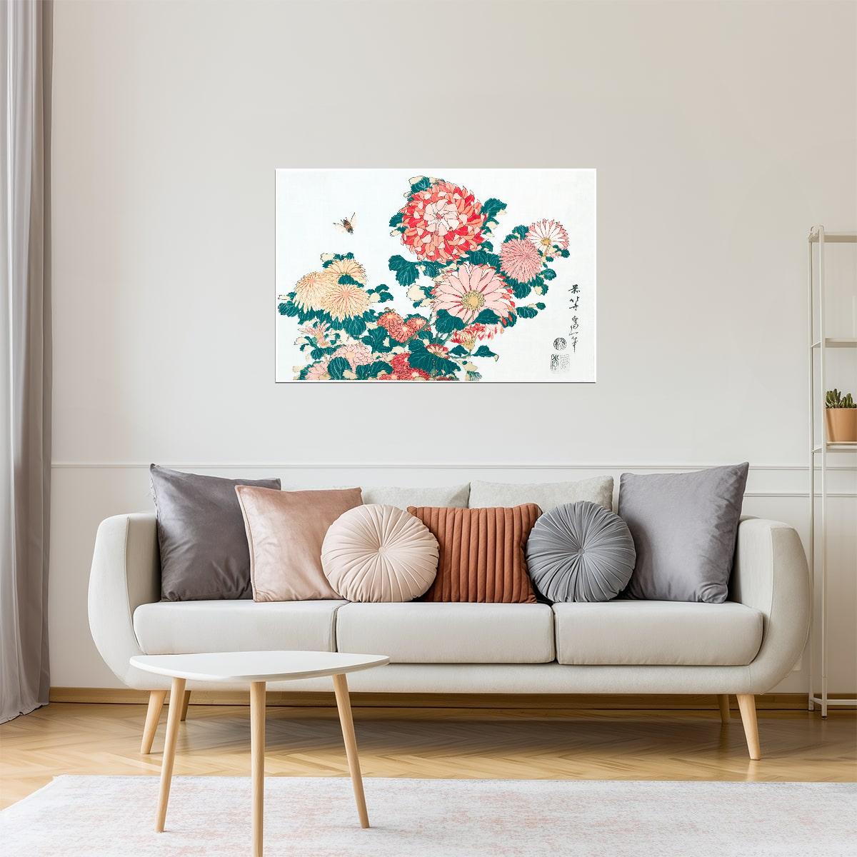 Chrysanthemums with Bee | Vintage Japanese Botanical Print Poster