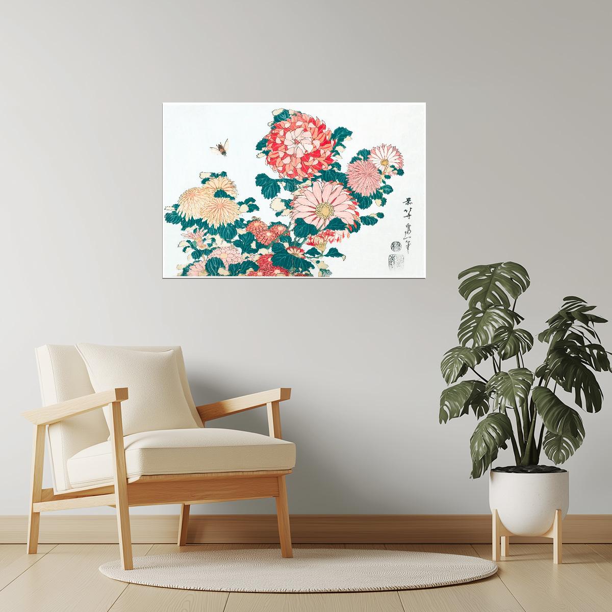 Chrysanthemums with Bee | Vintage Japanese Botanical Print Poster