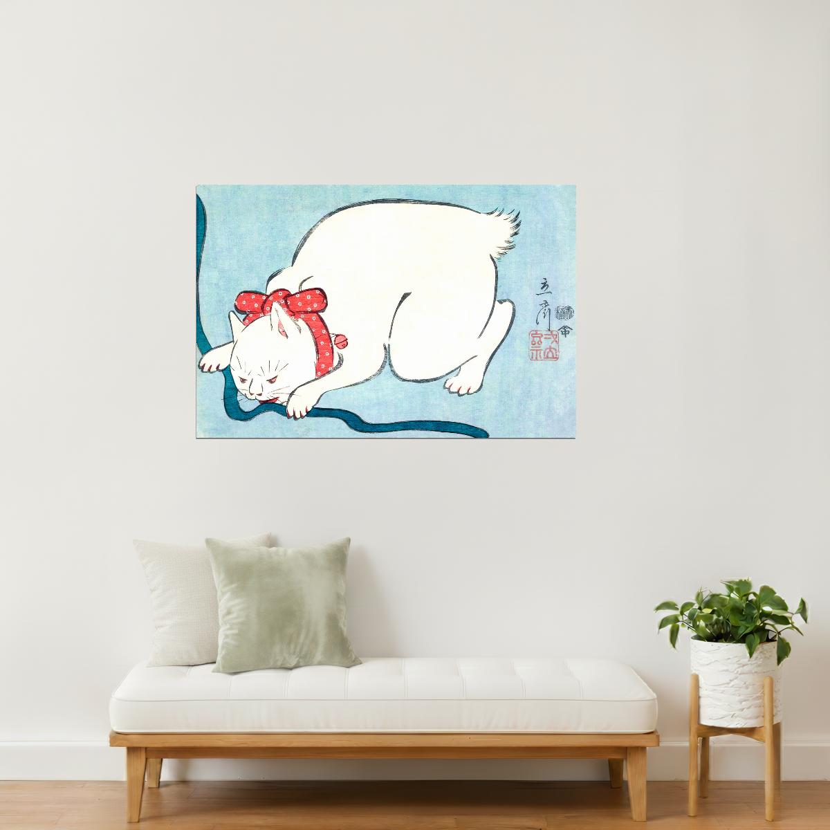 White Cat with Red Ribbon | Japanese Vintage Art Print Poster