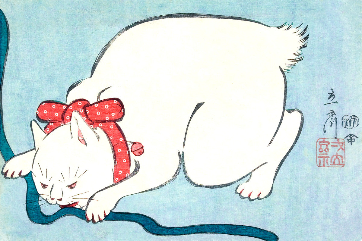 White Cat with Red Ribbon | Japanese Vintage Art Print Poster