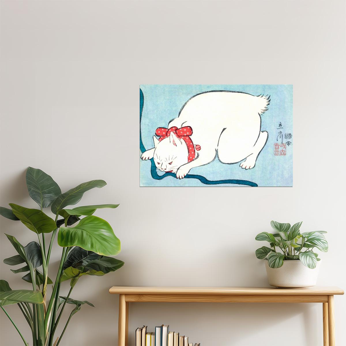 White Cat with Red Ribbon | Japanese Vintage Art Print Poster