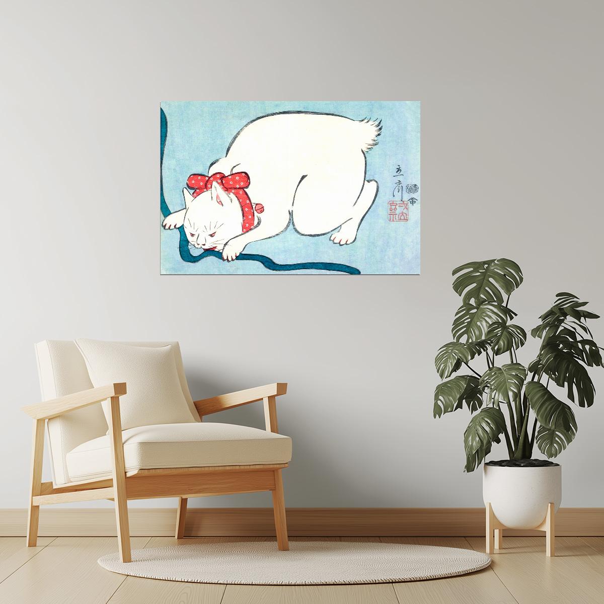 White Cat with Red Ribbon | Japanese Vintage Art Print Poster