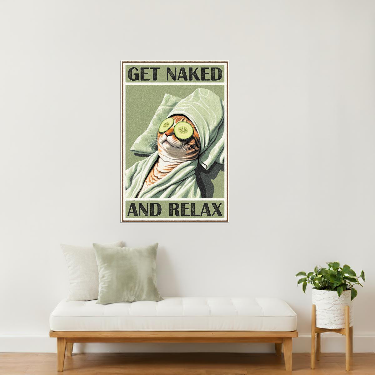 Get Naked and Relax | Retro Cat Bathroom Wall Art Poster