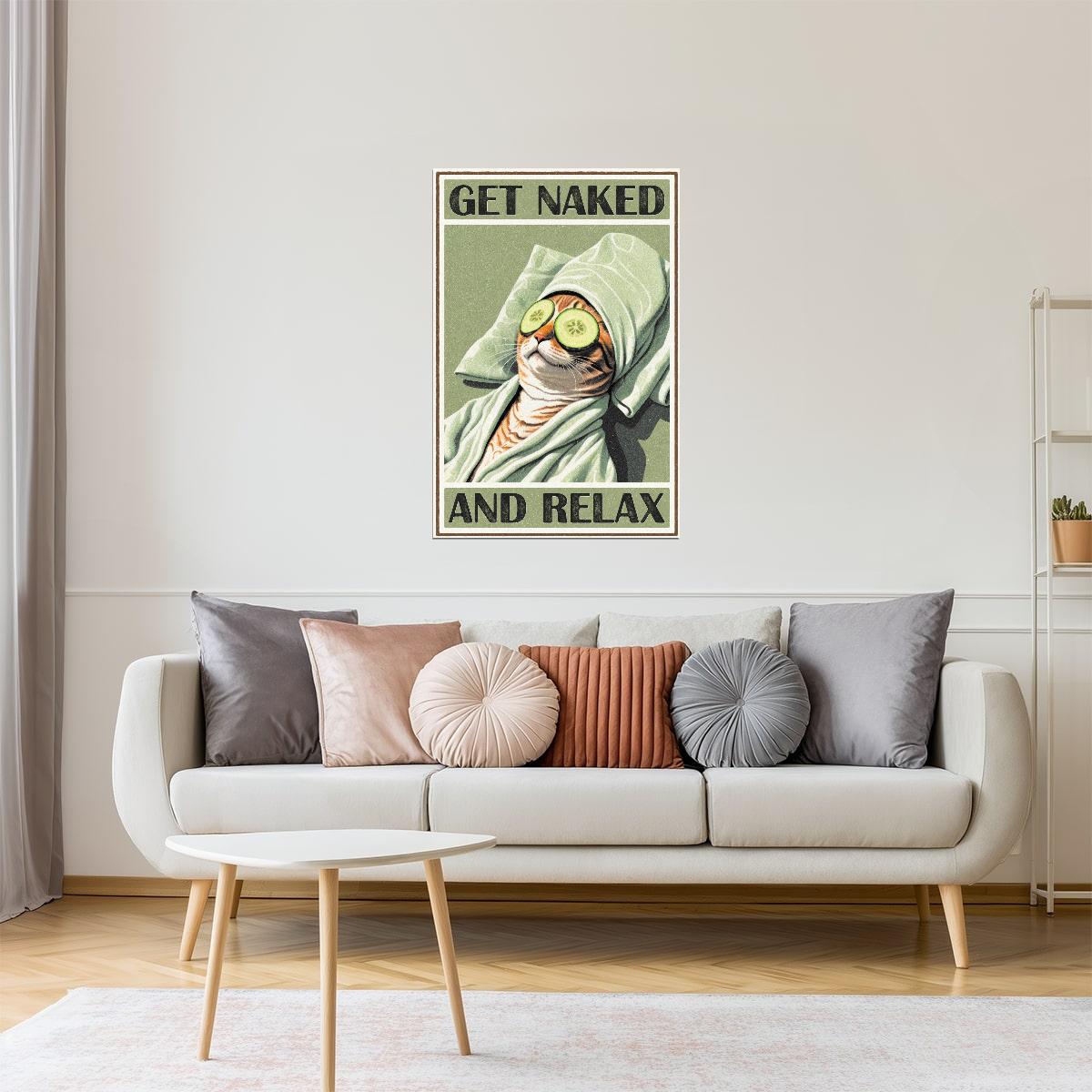Get Naked and Relax | Retro Cat Bathroom Wall Art Poster