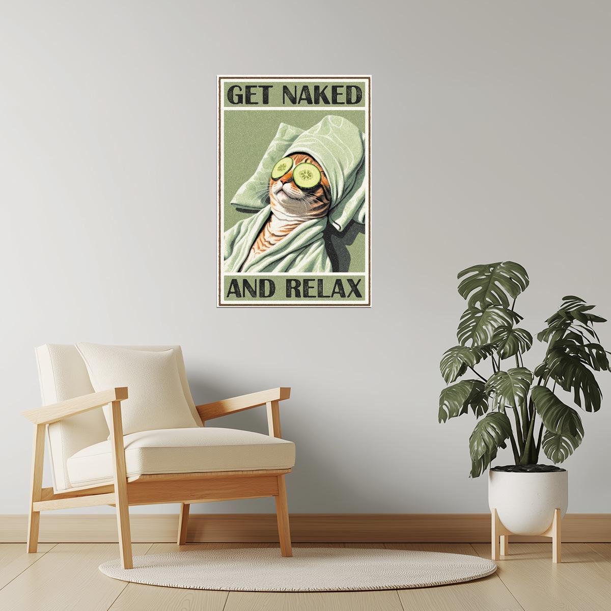 Get Naked and Relax | Retro Cat Bathroom Wall Art Poster