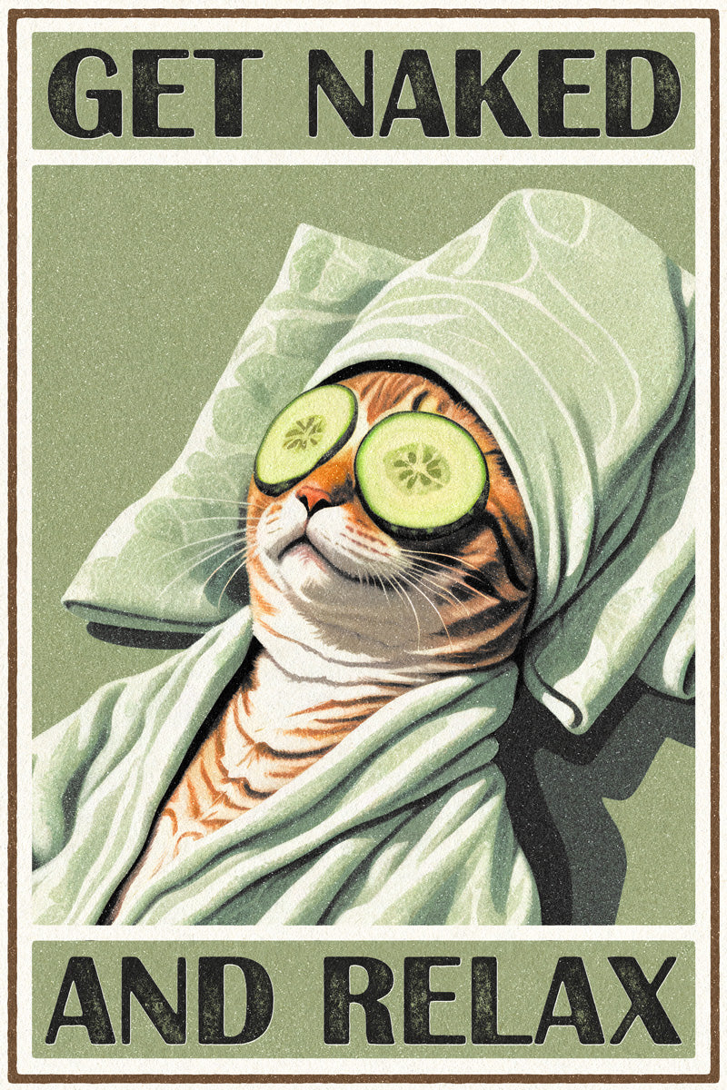 Get Naked and Relax | Retro Cat Bathroom Wall Art Poster