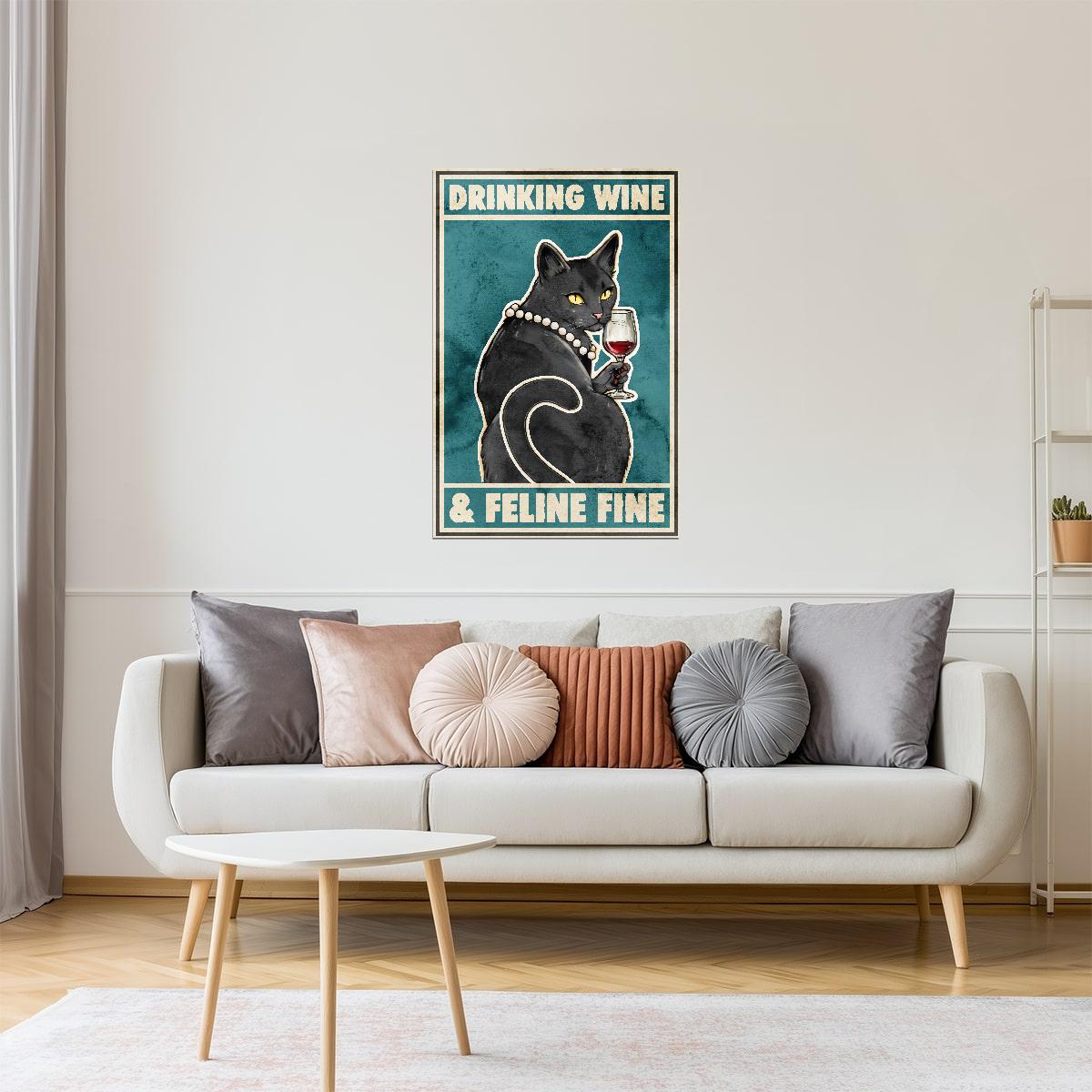 Drinking Wine and Feline Fine | Black Cat Retro Kitchen Bar Wall Art Poster