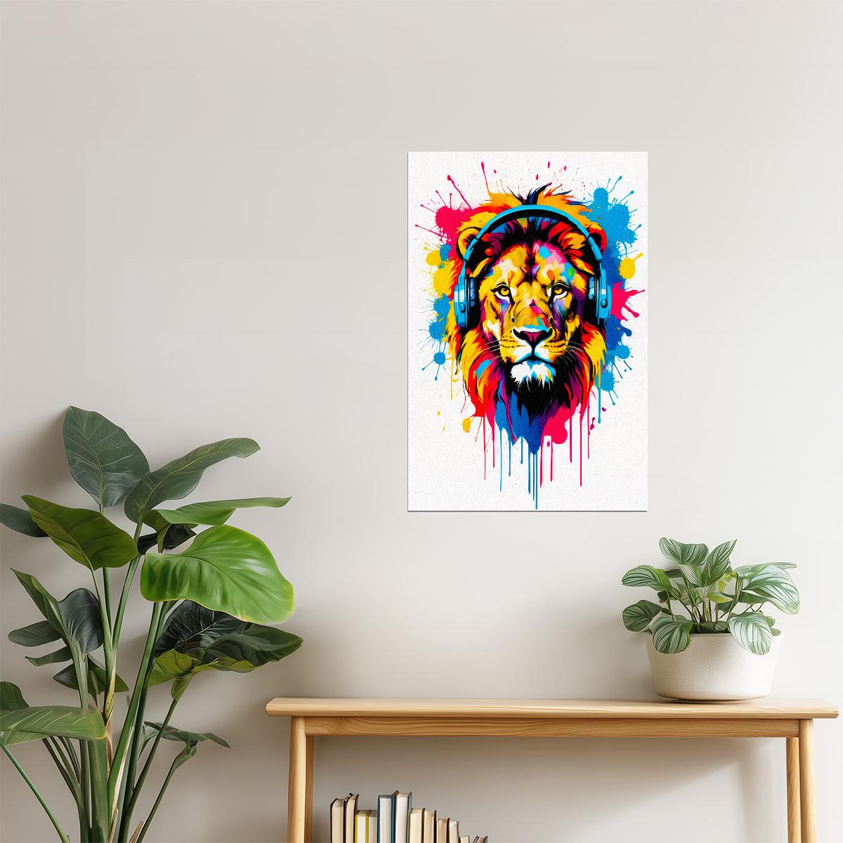 Lion with Headphones | Neon Pop Art Gamer Room Decor Poster