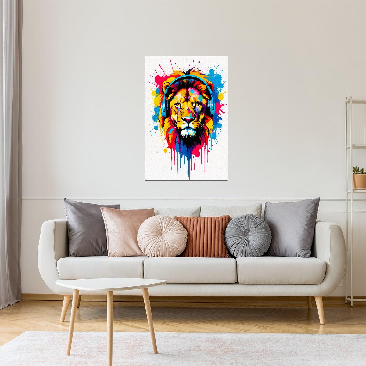 Lion with Headphones | Neon Pop Art Gamer Room Decor Poster