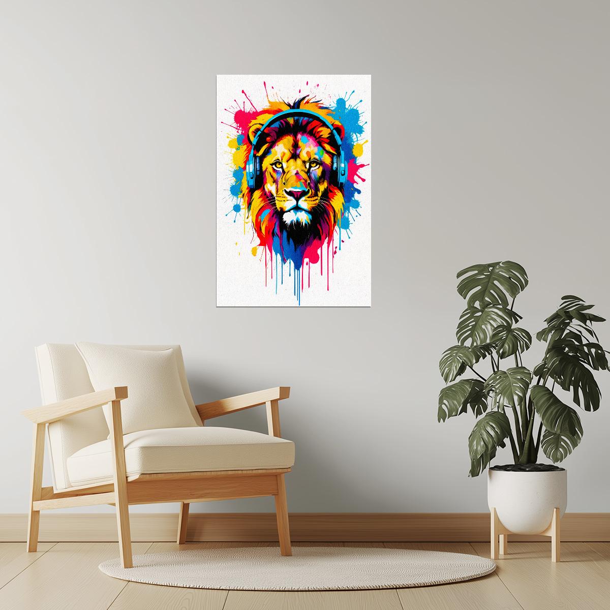 Lion with Headphones | Neon Pop Art Gamer Room Decor Poster