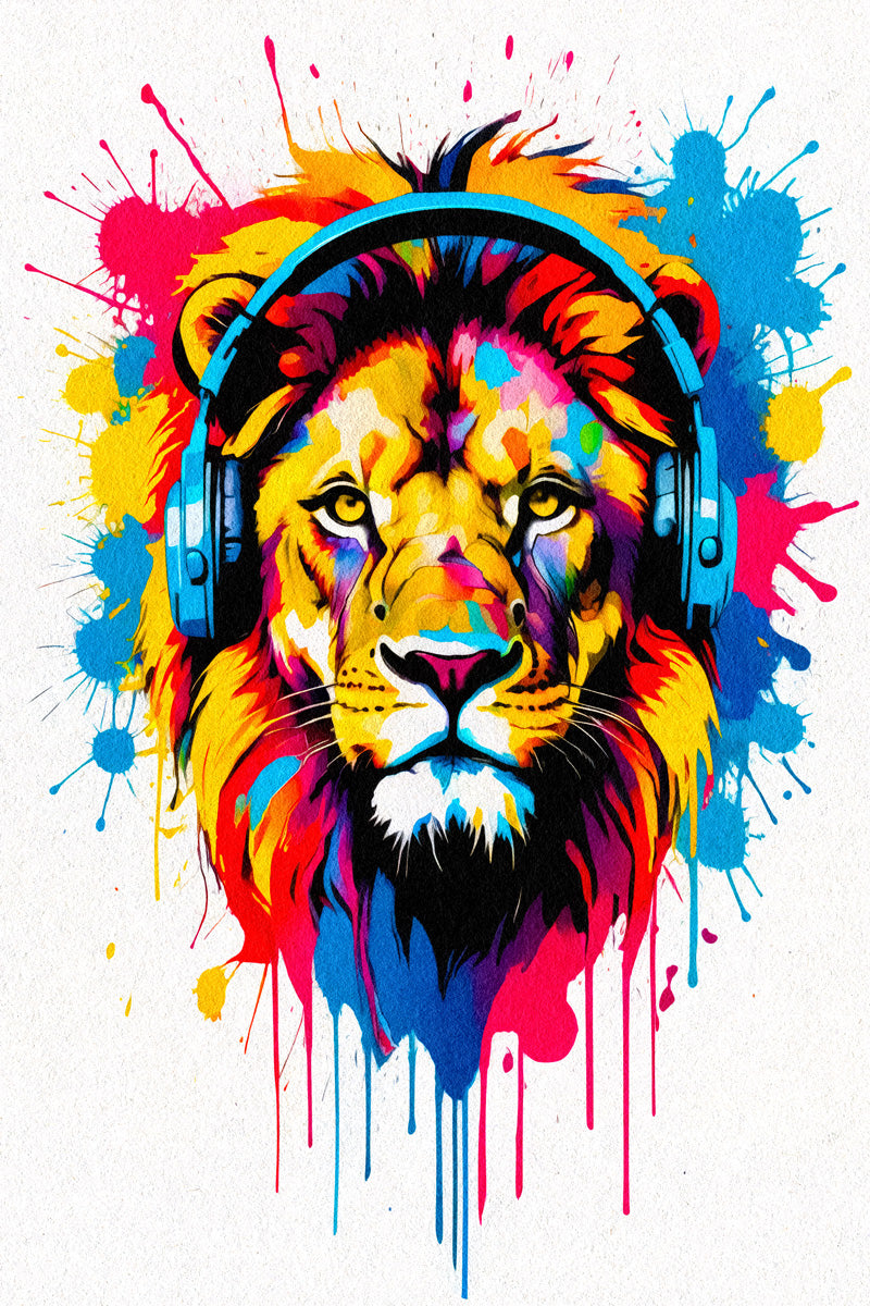 Lion with Headphones | Neon Pop Art Gamer Room Decor Poster