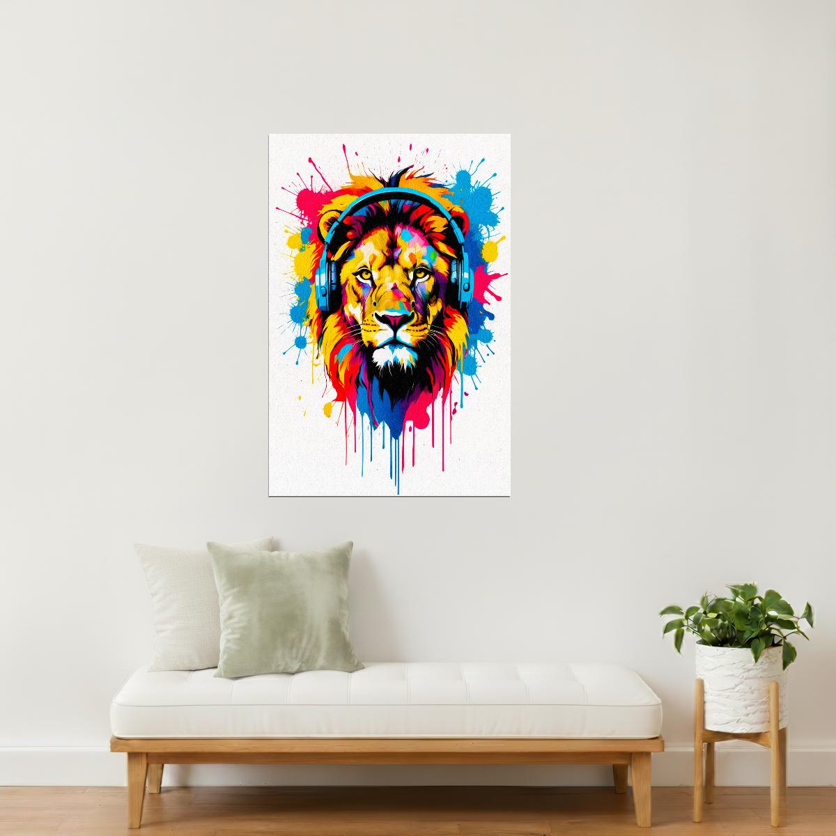 Lion with Headphones | Neon Pop Art Gamer Room Decor Poster