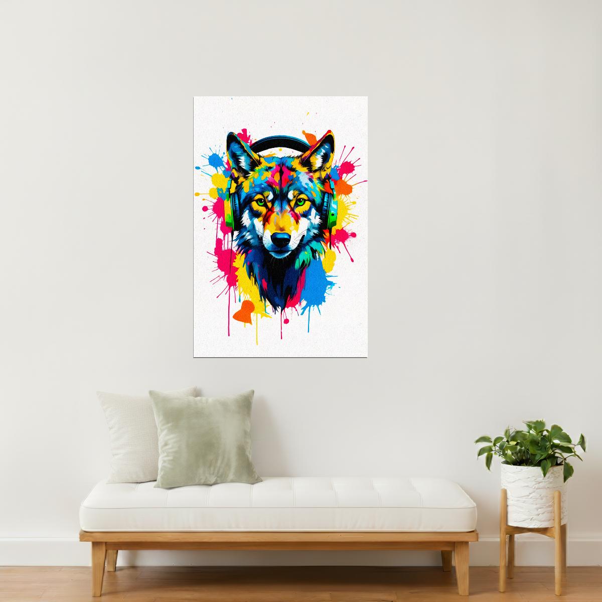 Wolf with Headphones | Vibrant Graffiti Bedroom Wall Print Poster
