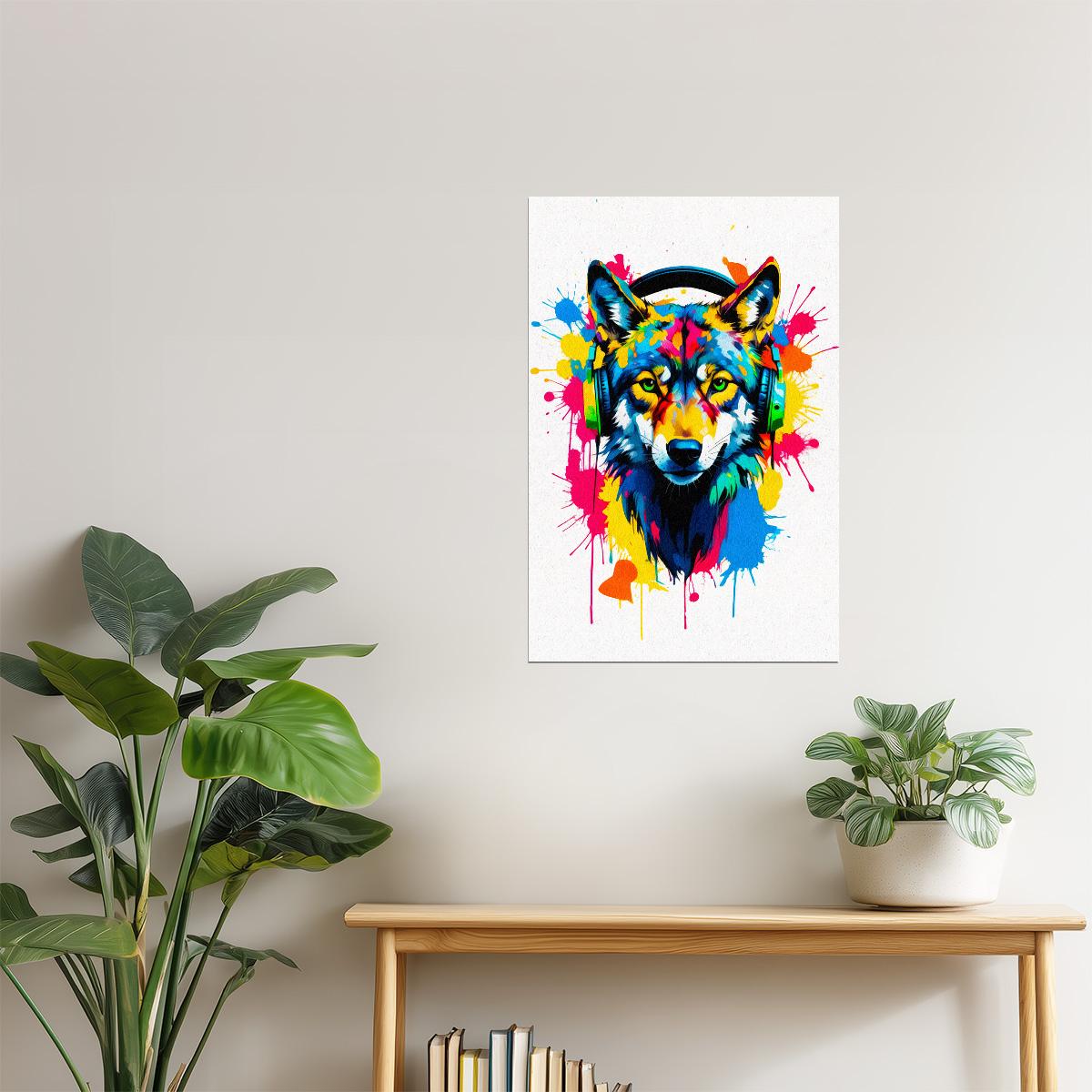 Wolf with Headphones | Vibrant Graffiti Bedroom Wall Print Poster