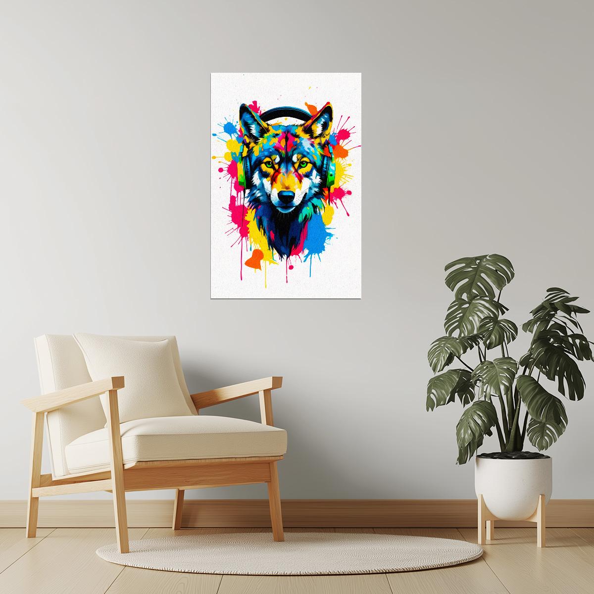 Wolf with Headphones | Vibrant Graffiti Bedroom Wall Print Poster