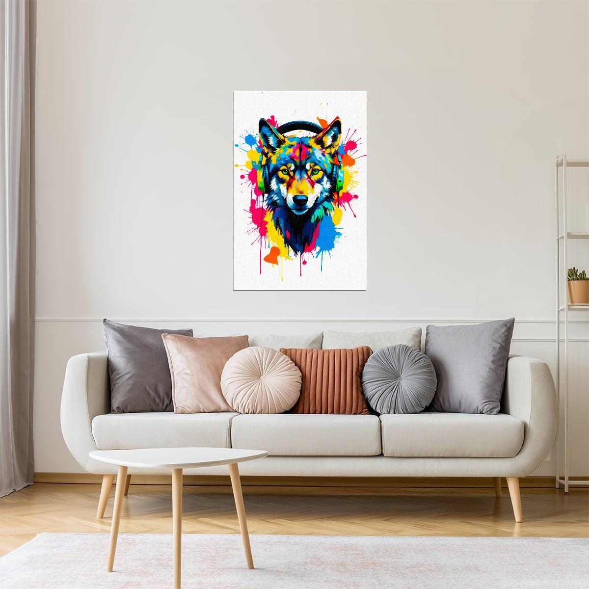 Wolf with Headphones | Vibrant Graffiti Bedroom Wall Print Poster