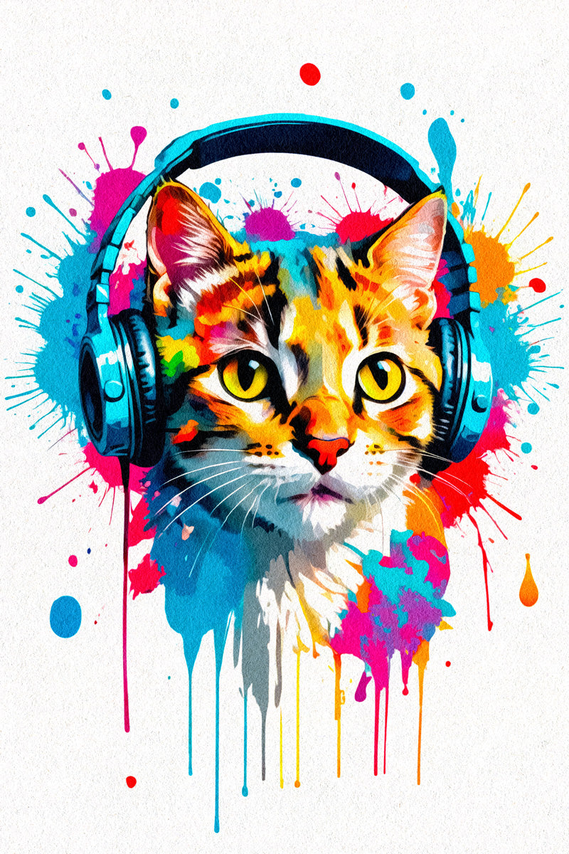 Kitten with Headphones | Color Splash DJ Art Print Poster