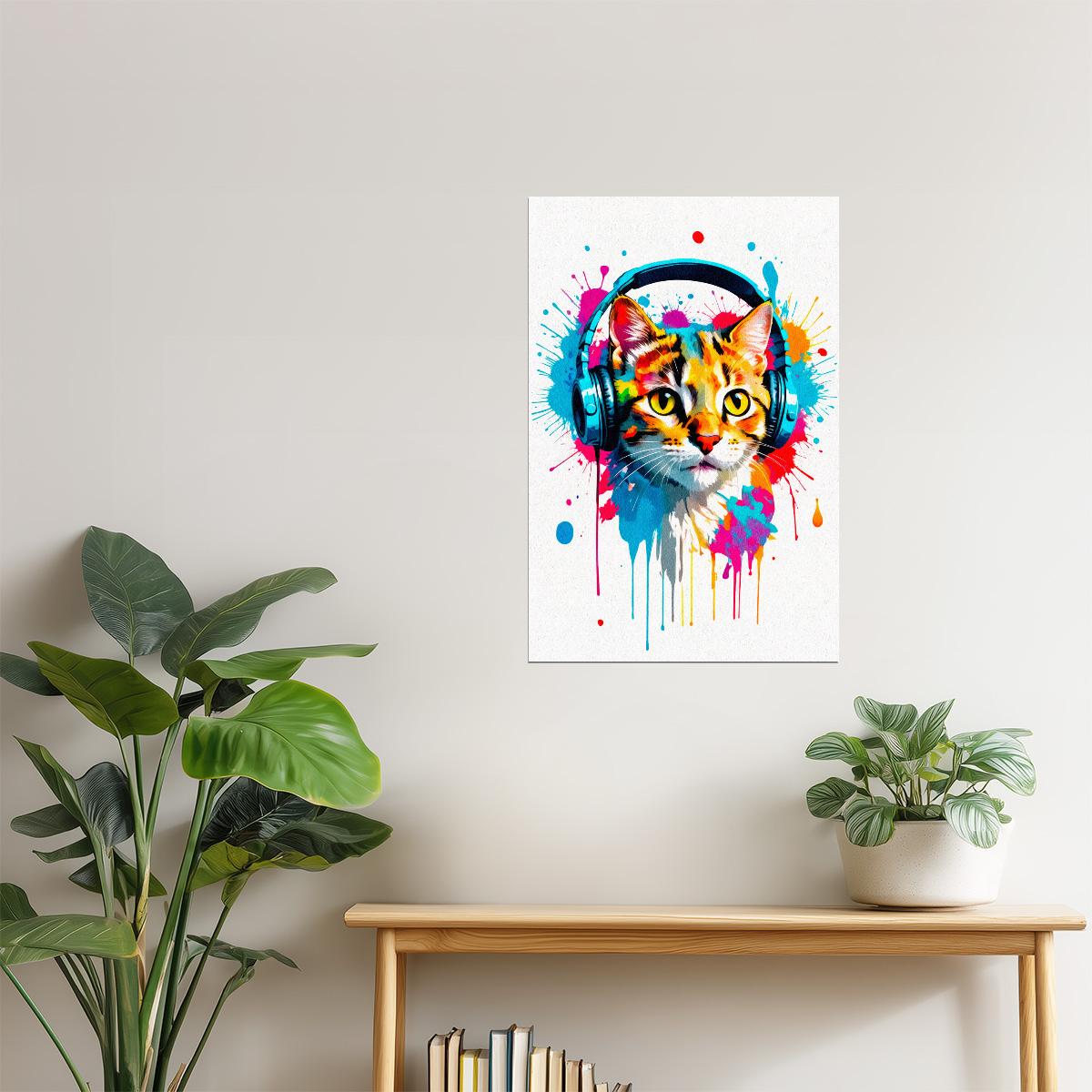Kitten with Headphones | Color Splash DJ Art Print Poster