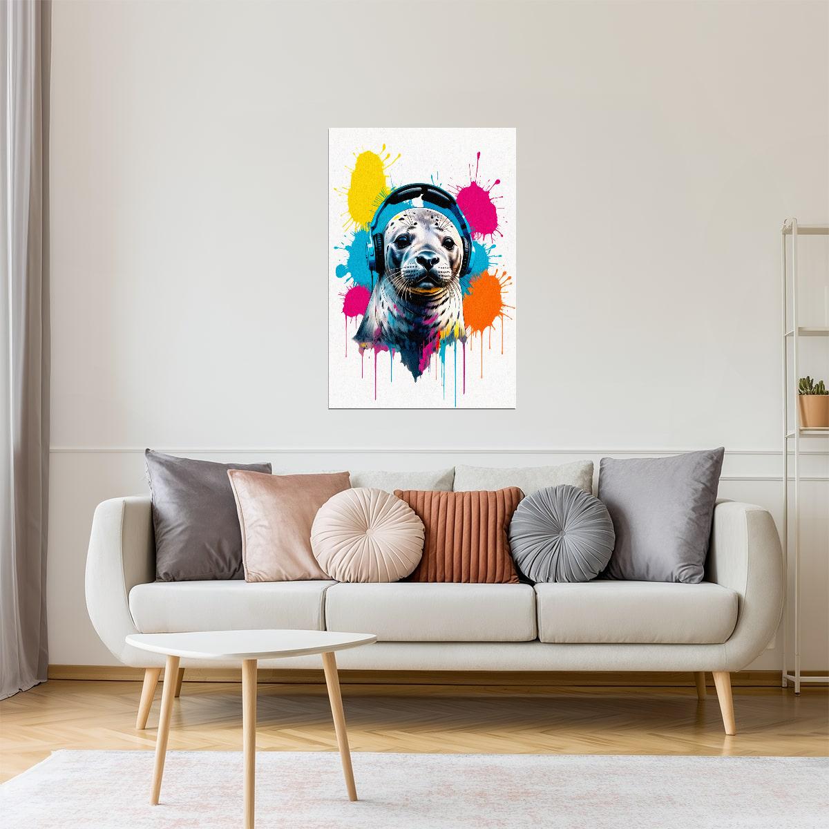 Seal with Headphones | Colorful Pop Art Teen Room Wall Art Poster