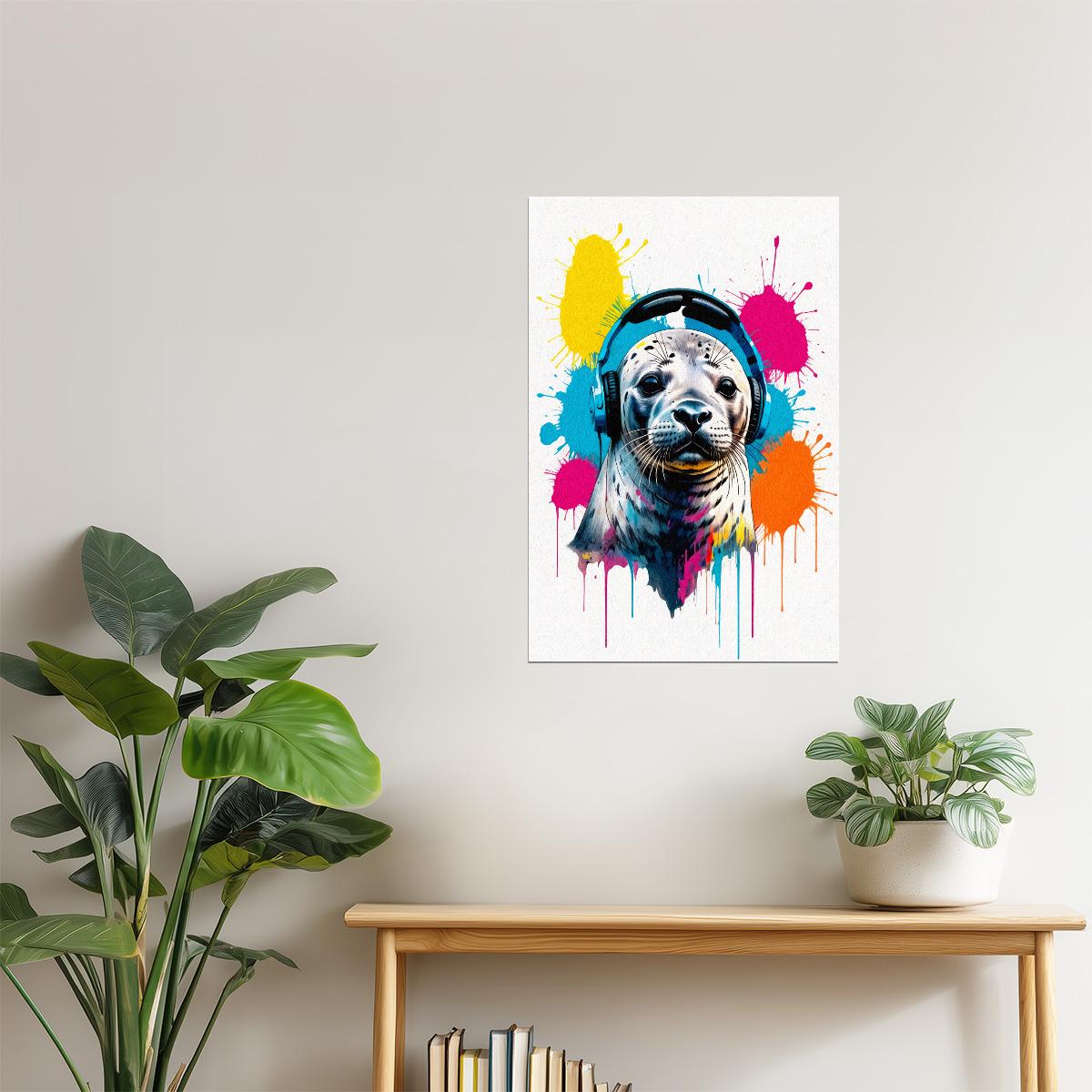 Seal with Headphones | Colorful Pop Art Teen Room Wall Art Poster