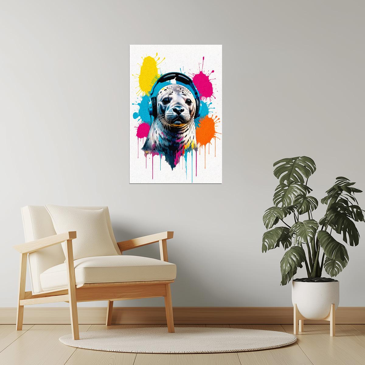 Seal with Headphones | Colorful Pop Art Teen Room Wall Art Poster