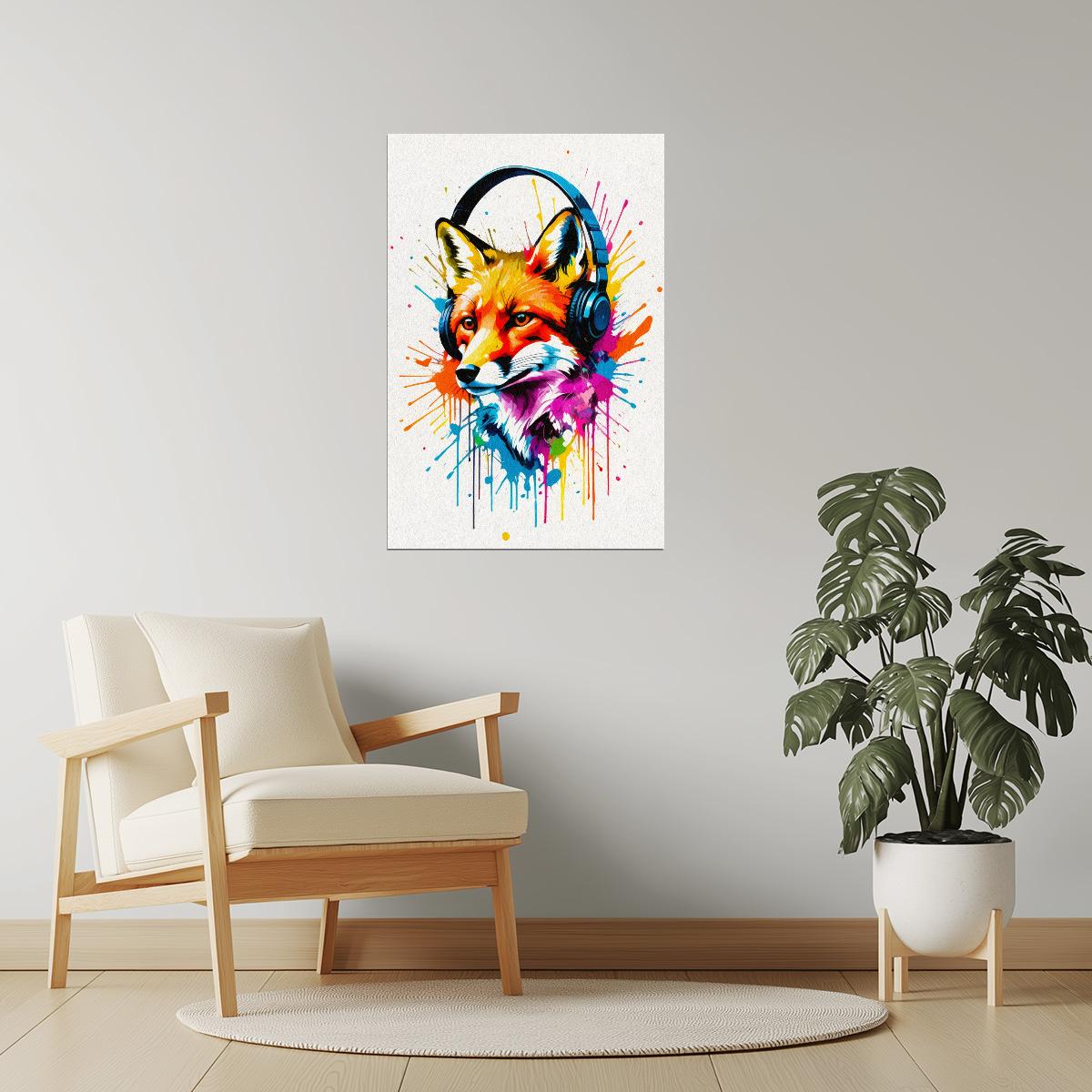 Fox with Headphones | Bright Graffiti Living Room Wall Print Poster