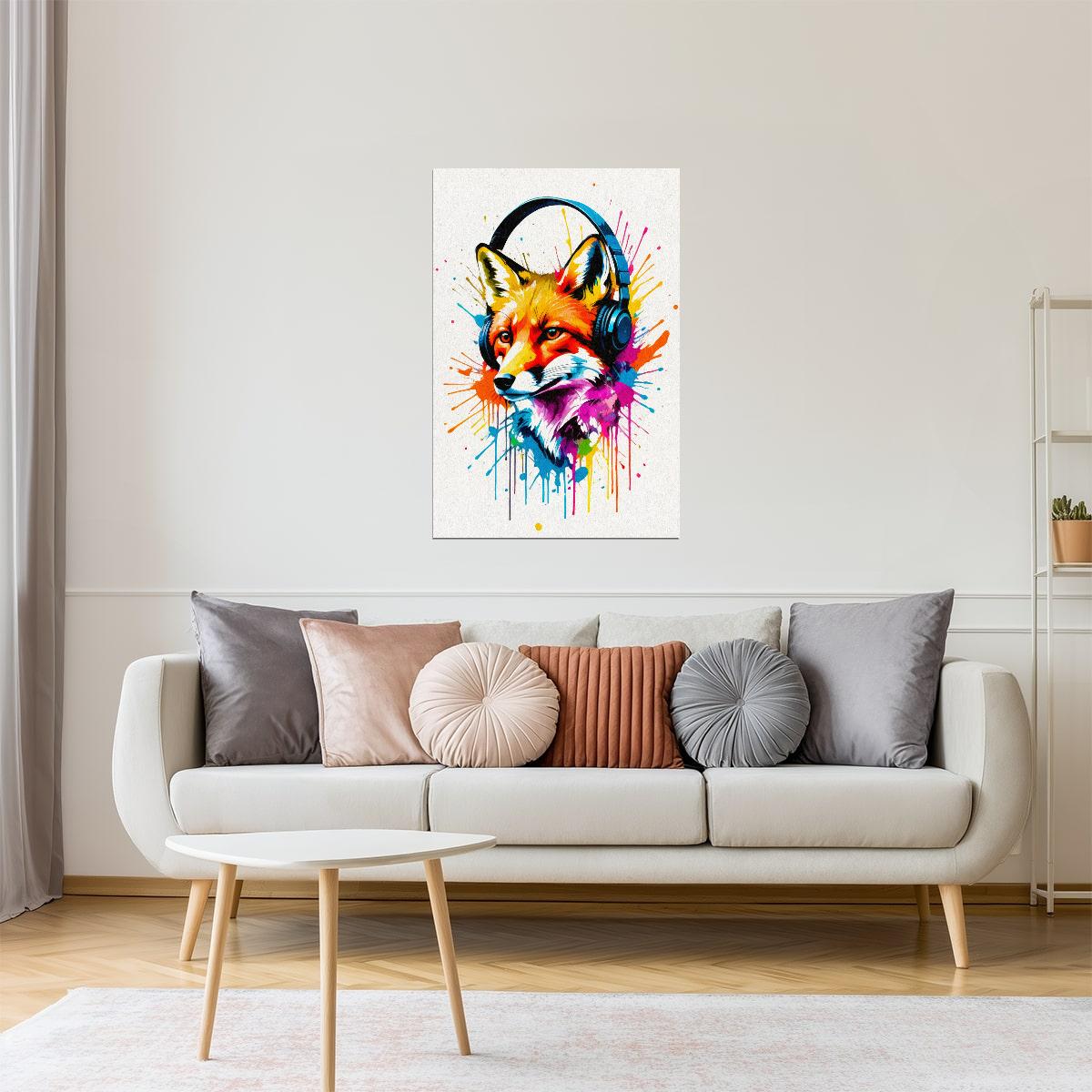 Fox with Headphones | Bright Graffiti Living Room Wall Print Poster