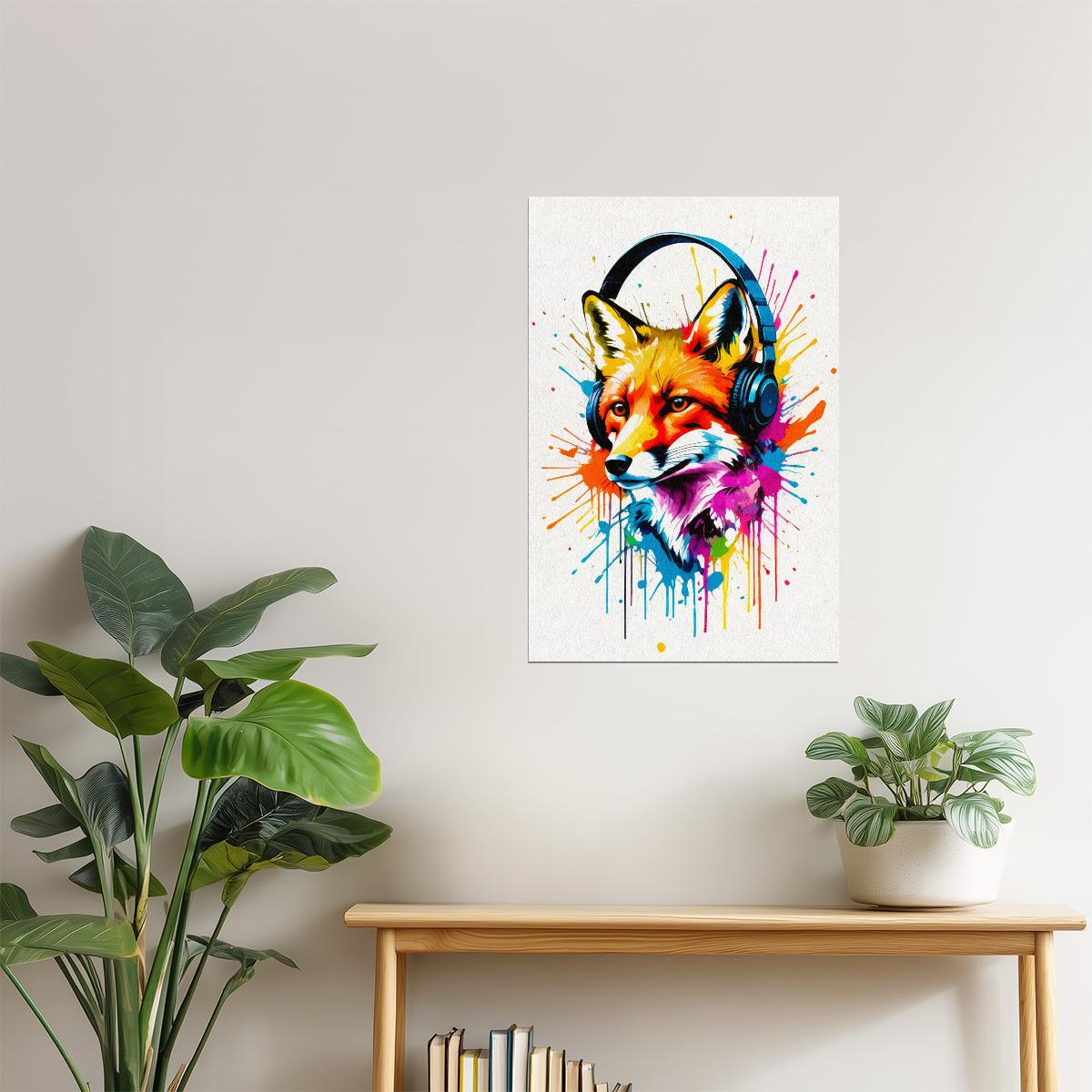 Fox with Headphones | Bright Graffiti Living Room Wall Print Poster