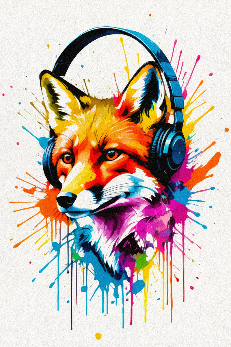 Fox with Headphones | Bright Graffiti Living Room Wall Print Poster