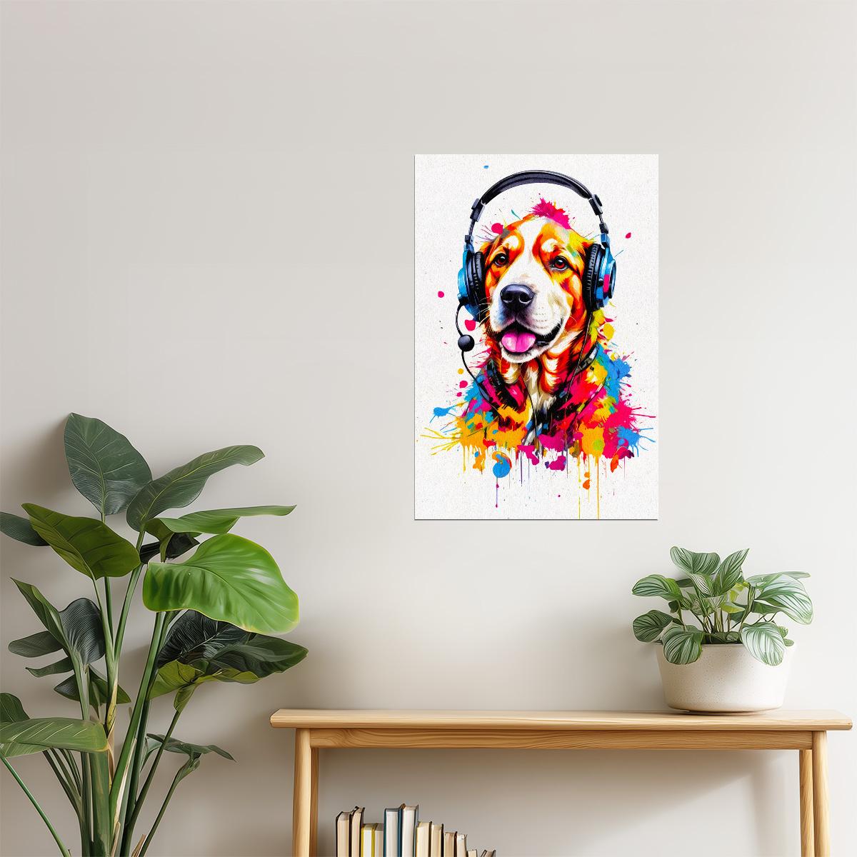 Dog with Headphones | Colorful Street Art Gamer Decor Poster