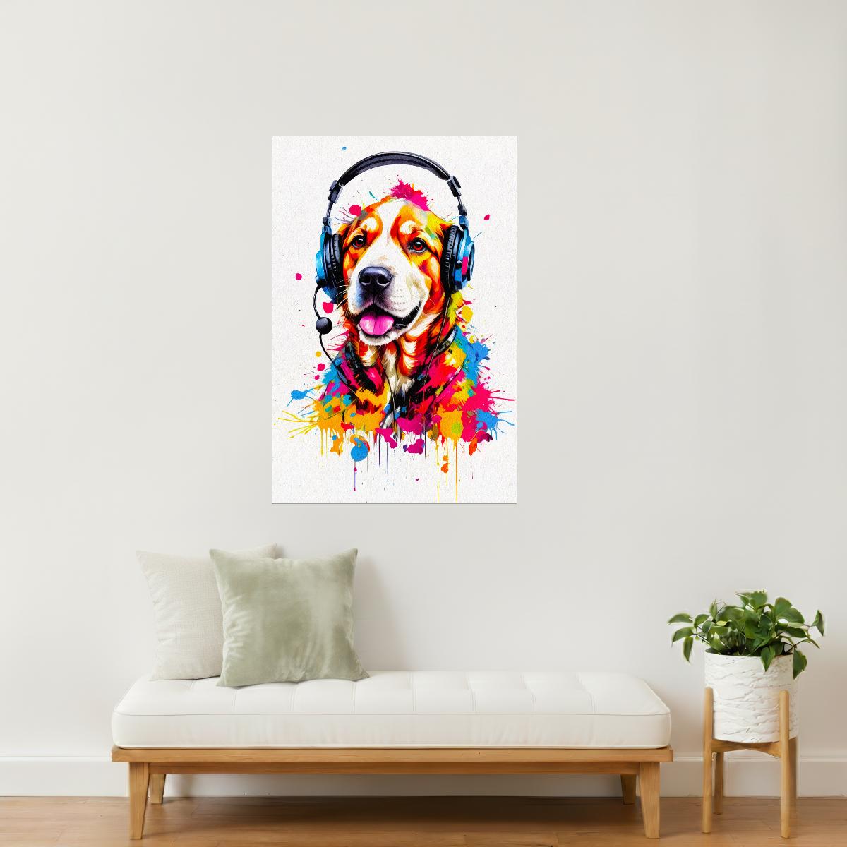 Dog with Headphones | Colorful Street Art Gamer Decor Poster