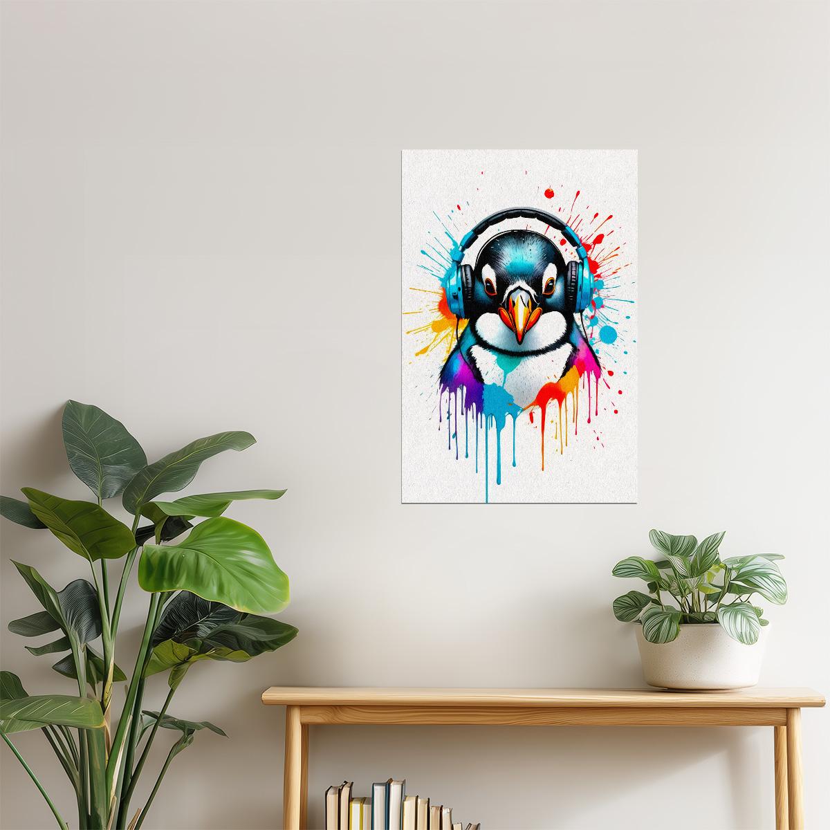 Penguin with Headphones | Neon Graffiti Music Poster