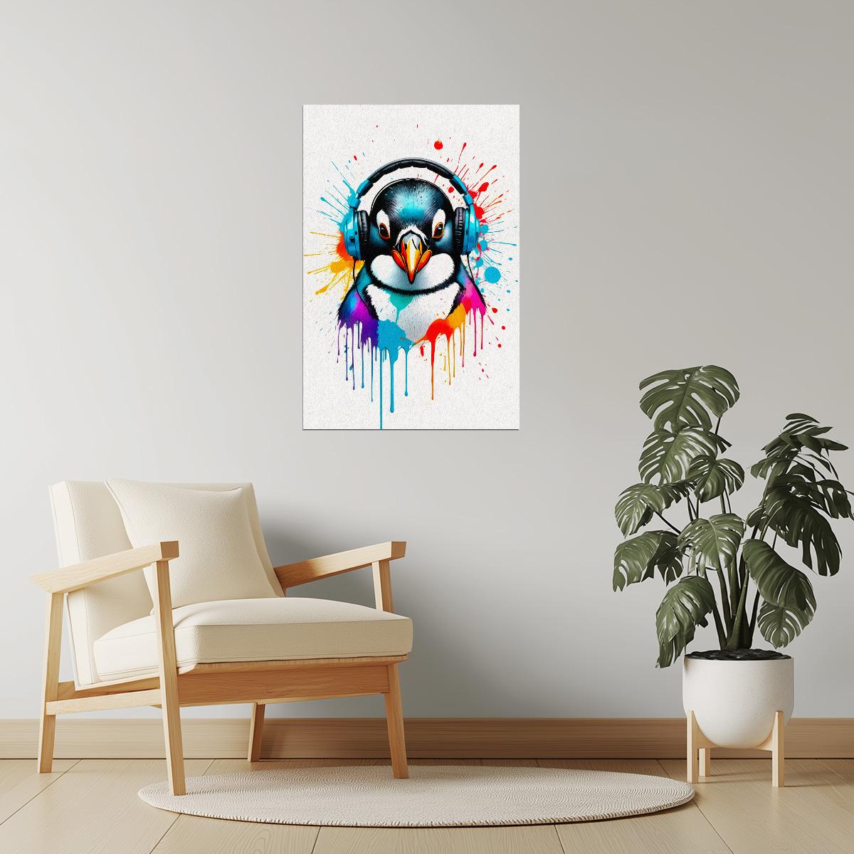 Penguin with Headphones | Neon Graffiti Music Poster