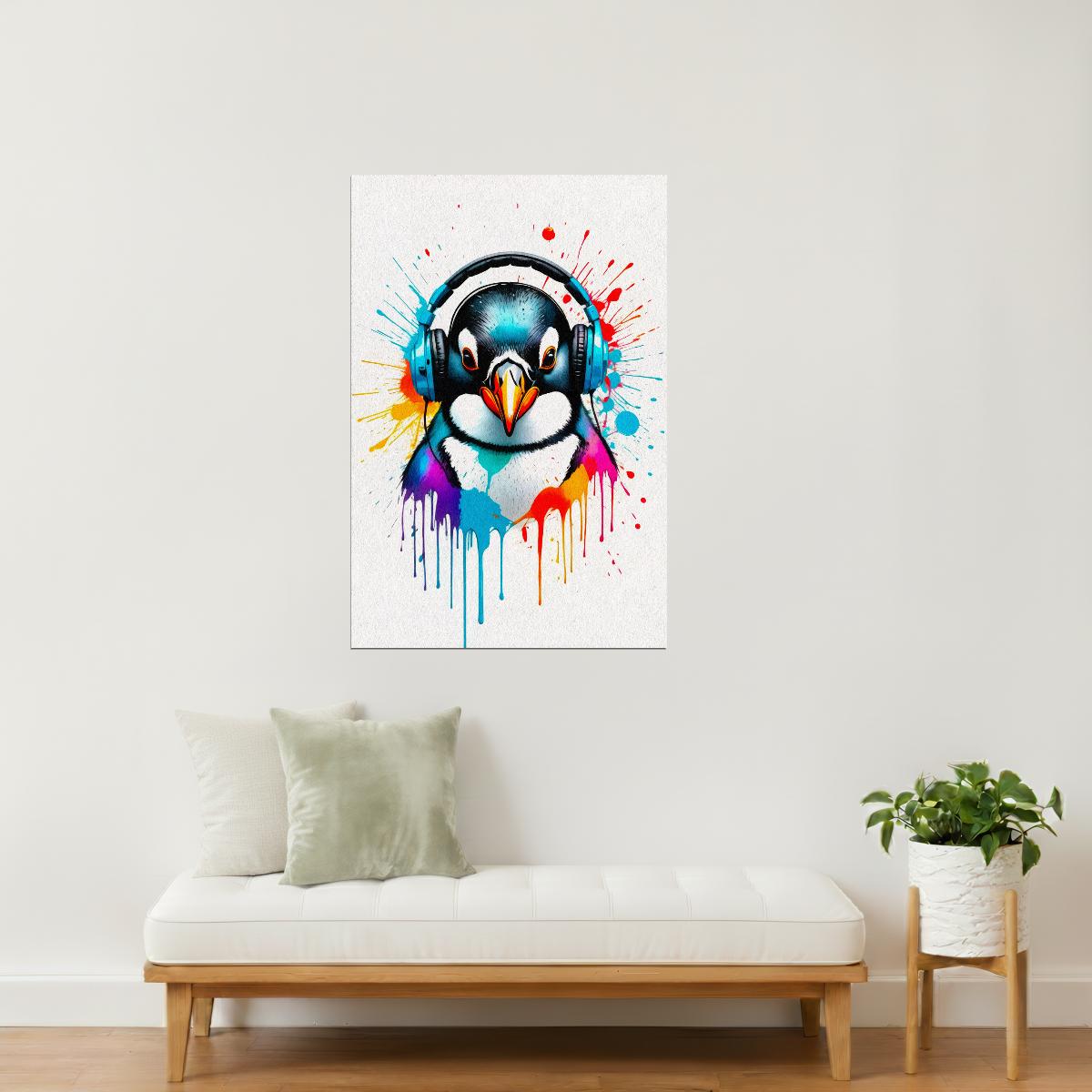 Penguin with Headphones | Neon Graffiti Music Poster