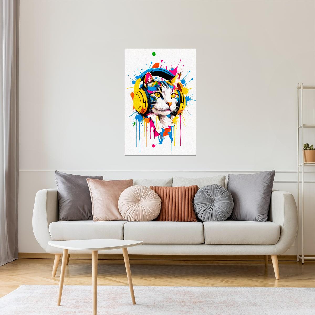 Cat with Headphones | Colorful Pop Art DJ Wall Print Poster