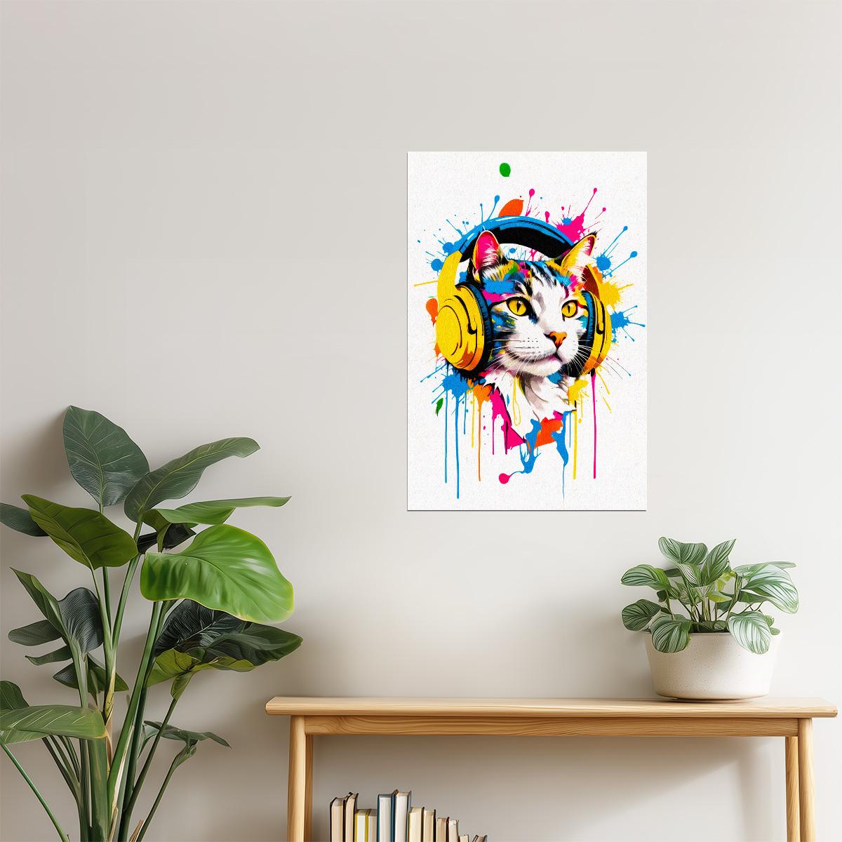 Cat with Headphones | Colorful Pop Art DJ Wall Print Poster