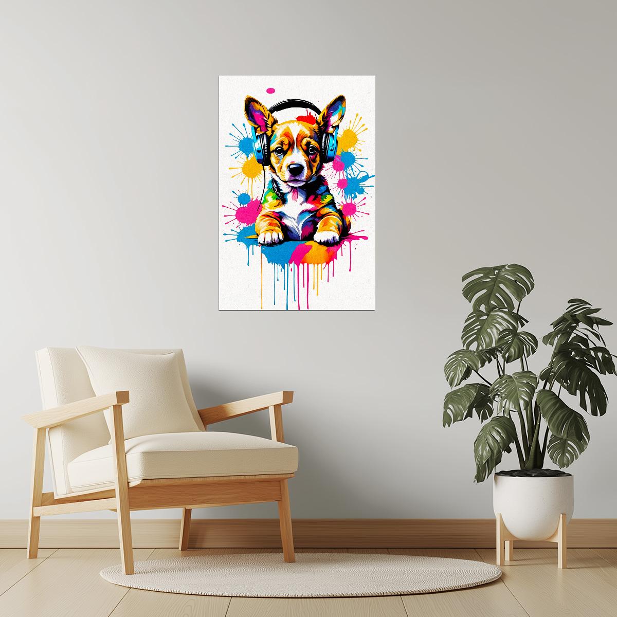 Puppy with Headphones | Vibrant Street Art Dorm Room Wall Art Poster
