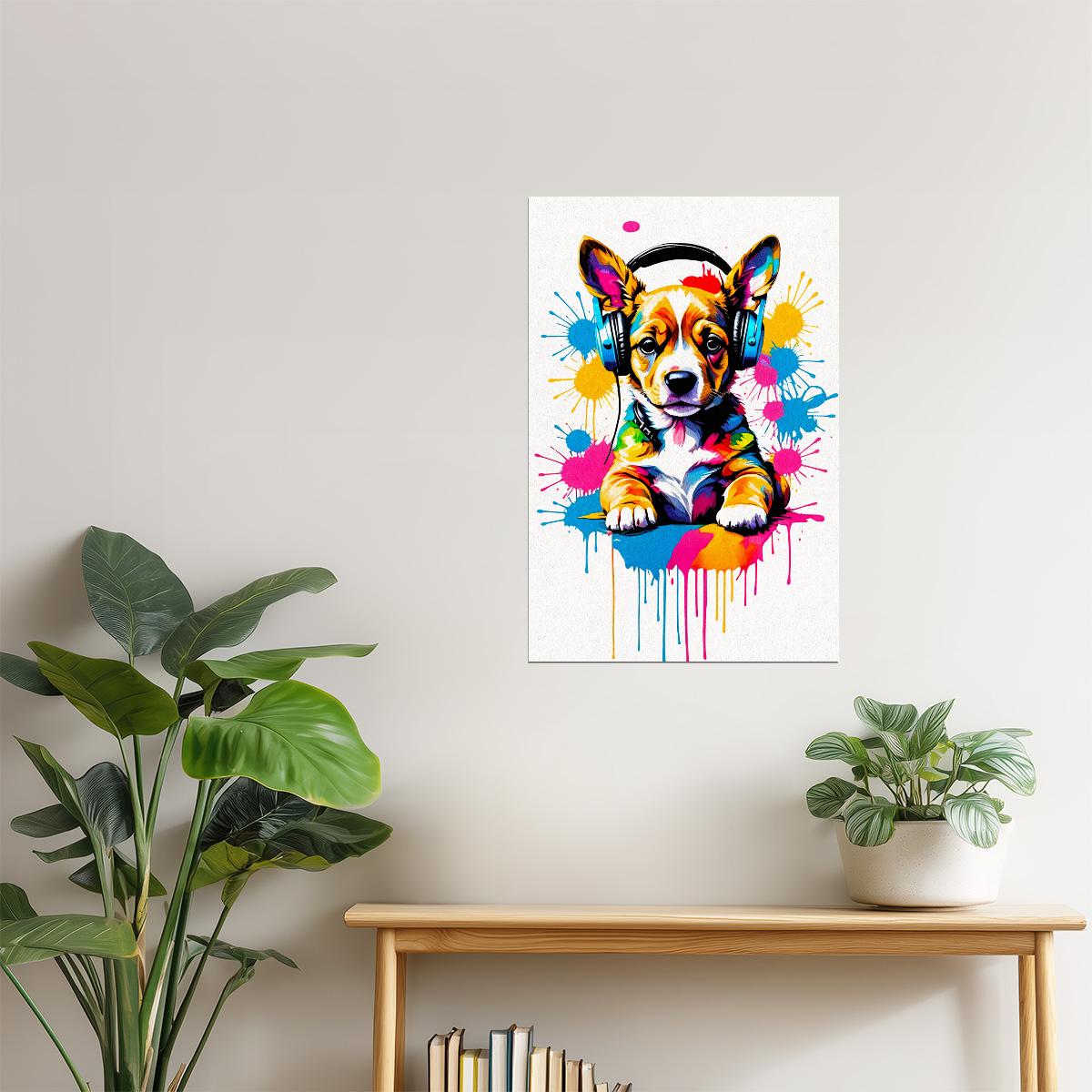 Puppy with Headphones | Vibrant Street Art Dorm Room Wall Art Poster