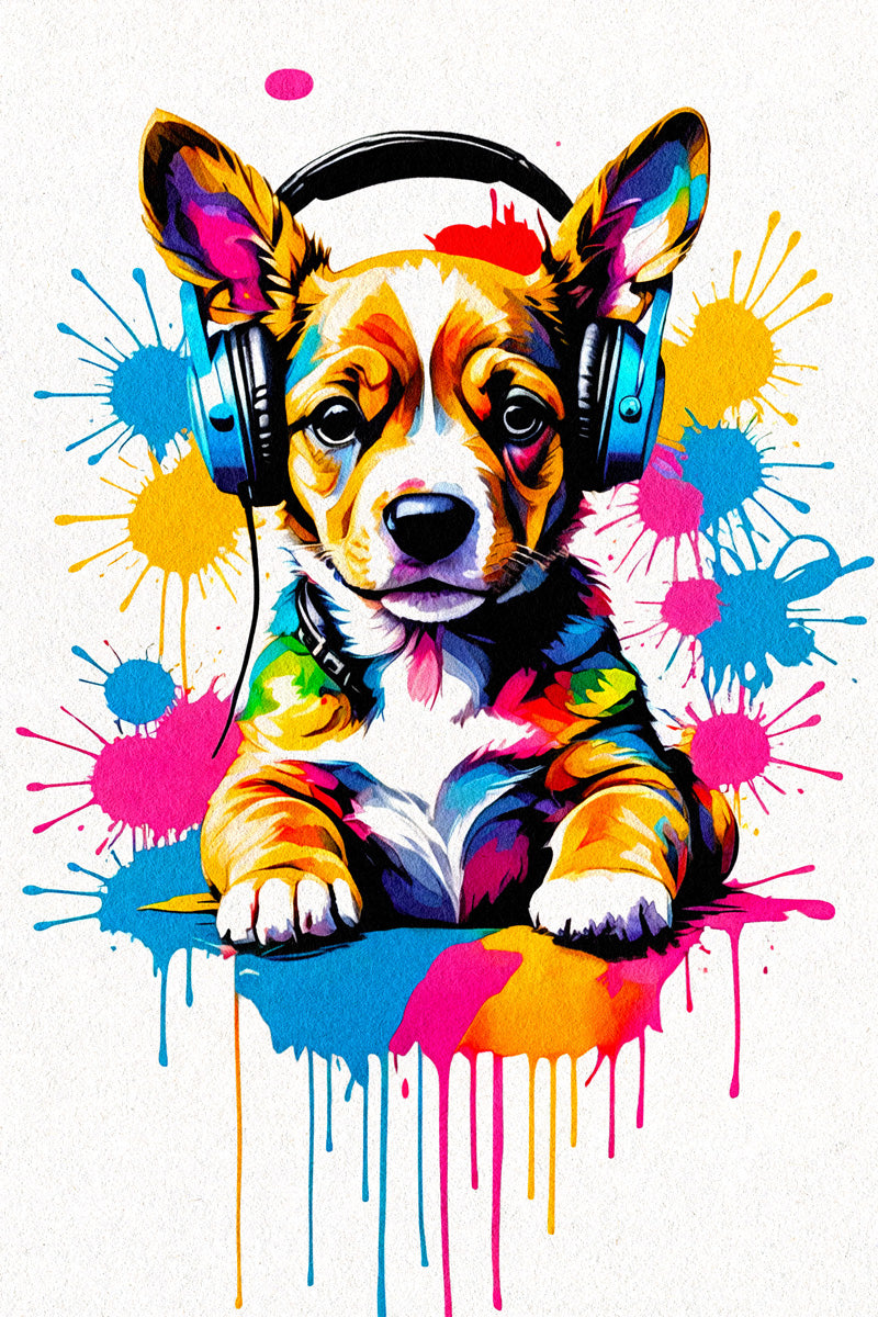 Puppy with Headphones | Vibrant Street Art Dorm Room Wall Art Poster