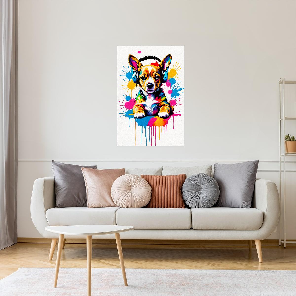 Puppy with Headphones | Vibrant Street Art Dorm Room Wall Art Poster