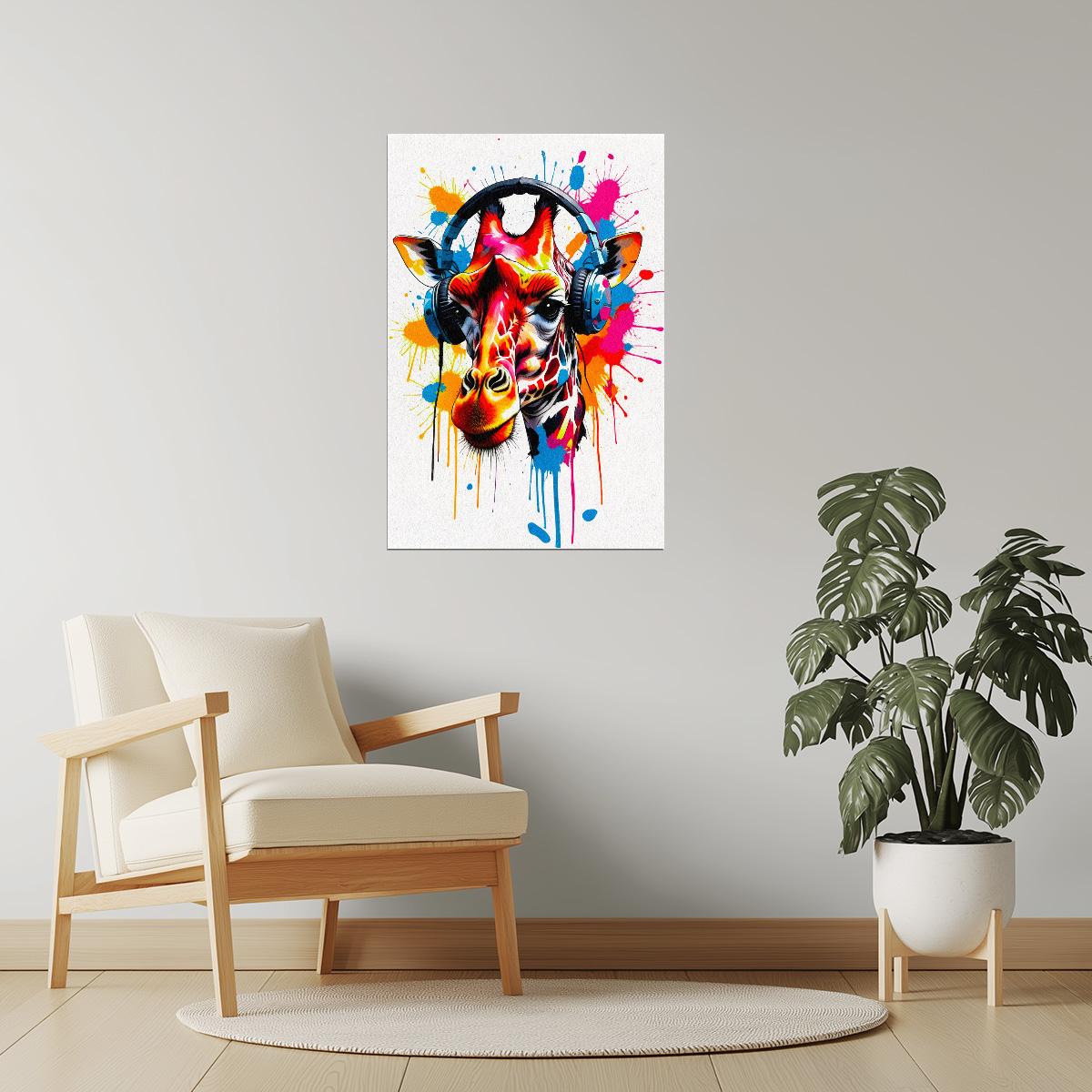 Giraffe with Headphones | Color Splash Animal Music Poster